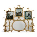 A George III Giltwood Overmantel Mirror Set with Three Chinese Reverse Mirror Pictures, Circa 1760