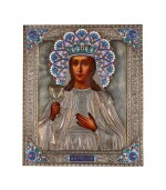 An icon of St Barbara, in a silver-gilt and cloisonné enamel oklad, Moscow, 1899-1908