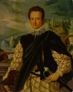 Portrait of a young gentleman, three-quarter length, standing, in a white doublet with bands of gold and a black cloak