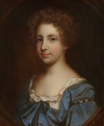 Portrait of a young lady, possibly Mrs. Penruddock, wearing a blue dress in a painted oval
