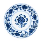 A rare small blue and white 'lotus' dish Mark and period of Xuande | 明宣德 青花番蓮紋小盤 《大明宣德年製》款