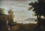 JOHN WOOTTON | An Italianate coastal landscape, with figures by classical ruins, and a ferry beyond