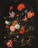 AFTER JAN DAVIDSZ. DE HEEM | STILL LIFE WITH CARNATIONS, TULIPS, ROSES AND OTHER FLOWERS IN A GLASS VASE, WITH INSECTS, ALL IN A STONE NICHE