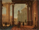 An architectural capriccio with elegant figures and a church beyond