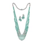 Unique emerald and diamond necklace/watch and a pair of earrings | 卡地亞 | 獨一無二祖母綠配鑽石項鏈/錶及耳環一對