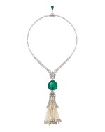 Cartier | Emerald, Seed Pearl and Diamond Pendent Necklace | 卡地亞 | 42.09克拉「哥倫比亞」祖母綠 配 珍珠 及 鑽石 項鏈