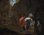 JAN ASSELIJN | A gentleman with a grey horse in a cavernous landscape