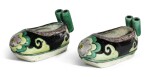 A PAIR OF FAMILLE-VERTE BISCUIT 'SHOE' WATERPOTS | QING DYNASTY, KANGXI PERIOD [TWO ITEMS]