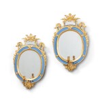 A pair of Swedish gilt-lead and blue glass girandole mirrors, 18th century, attributed to Burchard Precht