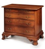 IMPORTANT CHIPPENDALE CARVED AND FIGURED CHERRYWOOD SERPENTINE CHEST OF DRAWERS, CALVIN WILLEY, PROBABLY LENOX, MASSACHUSETTS, CIRCA 1790