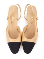  PAIR OF BEIGE LEATHER AND BLACK GROSGRAIN SLINGBACK SANDALS, CHANEL