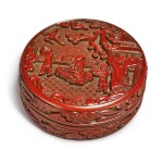 A SMALL CARVED CINNABAR LACQUER 'SCHOLAR' CIRCULAR BOX AND COVER,  XUANDE MARK AND PERIOD