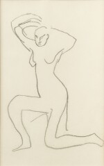 Esquisse de femme nue, genou gauche à terre, bras au-dessus de la tête