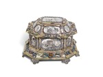  A LARGE GERMAN SILVER-GILT, ENAMEL AND GEM-SET CASKET APPLIED WITH EMBOSSED SILVER PLAQUES, PETER WINTER, AUGSBURG, CIRCA 1673-77