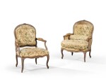 A set of Louis XV grey painted beechwood bergère and armchair, stamped C. DIEUDONNE