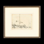 George Chinnery (1774-1852), 1829 Chinese Junks at Anchor | 錢納利（1774-1852年）1829年   素描中國帆船   紙本鉛筆、鋼筆及墨水 鏡框