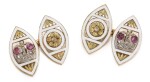 A pair of Fabergé jewelled gold and champlevé enamel cufflinks, workmaster Feodor Afanasiev, St Petersburg, circa 1890