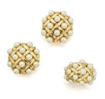 CHANEL | PAIR OF GOLD, CULTURED PEARL AND DIAMOND 'MATELASSÉ' EARCLIPS AND RING