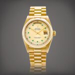 Day-Date, Reference 18038 | A yellow gold, diamond and emerald-set wristwatch with day, date and bracelet, Circa 1987 | 勞力士 | Day-Date 型號18038 | 黃金鑲鑽石及綠寶石鏈帶腕錶，備日期及星期顯示，約1987年製