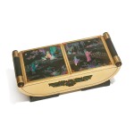 A FRENCH ART DECO GOLD AND LACQUE BURGAUTÉ DOUBLE CIGARETTE BOX MOUNTED WITH NEPHRITE AND JEWELS, CARTIER, PARIS, CIRCA 1925