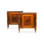 A pair of Dutch mahogany, satinwood and japanned side cabinets, late 18th/early 19th century