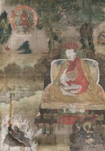 Rare Tangka du Lama Shamarpa Zhwadmar VI (1584-1630) Tibet, XVIIE-XVIIIE siècle | 西藏 十七至十八世紀 第六世夏瑪巴確吉旺秋唐卡 | A rare thangka depicting Lama Shamarpa Zhwadmar VI (1584-1630), distemper on cloth, Tibet, 17th-18th century