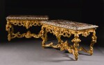 A MATCHED PAIR OF NEAPOLITAN PIETRE DURE AND MARBLE TOPS LATE 17TH CENTURY, ON EARLY LOUIS XV STYLE CARVED GILTWOOD CONSOLE TABLES