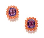Amethyst, Coral and Diamond Earclips