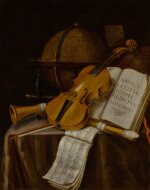 Vanitas still life with a violin, recorders, music manuscripts, and a globe