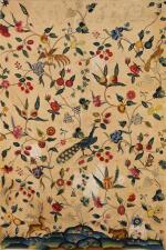 An English embroidered floral ‘palampore’ bed hanging panel, 18th century, with unworked initials SA, and date 1712