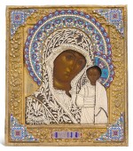 A SILVER-GILT, CLOISONNÉ ENAMEL AND SEED PEARL ICON OF THE KAZANSKAYA MOTHER OF GOD, ANTON CHEVARZIN, MOSCOW, 1895