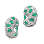 PAIR OF EMERALD AND DIAMOND BROOCHES 