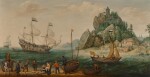 Dutch vessels and fishermen on a rocky coast