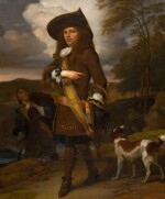 A portrait of a gentleman with his servant and a dog in a landscape