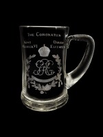 An engraved glass coin tankard celebrating the coronation of King George VI and Queen Elizabeth, 1937