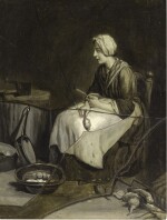 A scullery maid peeling potatoes, with trompe l’œil broken glass