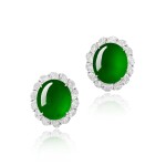 Pair of 'Imperial Green' Jadeite and Diamond Earrings | 天然翡翠 配 鑽石 耳環一對