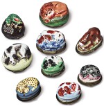 NINE RELIEF-TOP ENGLISH ENAMEL BOXES FORMED AS ANIMALS, STAFFORDSHIRE, 18TH CENTURY