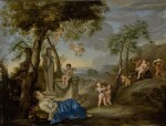 ANDREA DE LEONE | ARIADNE ASLEEP IN A CLASSICAL LANDSCAPE WITH SILENUS AND HIS RETINUE APPROACHING