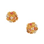 Pair of Gold, Ruby and Diamond Earclips, France