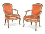 A pair of Louis XV carved and green painted fauteuils by Tilliard, circa 1750