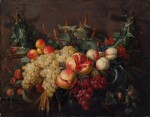 Still life bouquet of pomegranates, peaches, grapes, corn, and various fruits and nuts