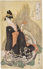 Kitagawa Utamaro (1753-1806) | The Immortal Lu Ao, represented by the courtesan Mimasakayama of the Chojiya house, her kamuro Chidori and Midori (Ro Go, Chojiya uchi Mimasakayama, Chidori, Midori) | Edo period, late 18th century