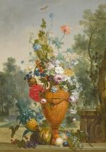 JACOBUS LINTHORST | A vase of peonies, chrysanthemums and a carnation with exotic fruits in a garden