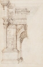 FRANCESCO DI GIORGIO MARTINI | RECTO: A STUDY IN HALF ELEVATION OF THE LEFT HALF OF THE SOUTH-WEST OR CITY FAÇADE OF THE ARCH OF TRAJAN AT BENEVENTO; VERSO: TWO ENLARGED DETAILS OF THE ARCH