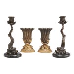 A PAIR OF REGENCY STYLE CAST METAL DOLPHIN CANDLESTICKS ON MARBLE BASES, ALONG WITH A PAIR OF REGENCY STYLE GILT AND PATINATED BRONZE DOLPHIN VASES