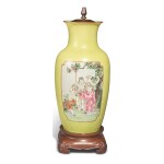 A CHINESE YELLOW GROUND FAMILLE-ROSE SGRAFFIATO 'FIGURAL' VASE, NOW MOUNTED AS A LAMP, REPUBLIC PERIOD 