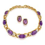 David Webb | Gold, Amethyst and Diamond Necklace || Pair of Earclips