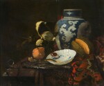 Still life with a Chinese ginger jar, a porcelain bowl, a glass roemer and other objects of vertu, with a half-peeled lemon, orange, and melon, all on a marble ledge draped with a Persian carpet 《靜物：大理石臺上的瓷薑罐、瓷盌、玻璃大酒杯與其他工藝品，半削皮檸檬、橙與蜜瓜，鋪波斯毯》