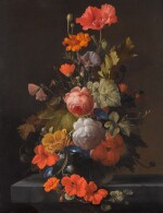 Still life of flowers with ants in a glass vase